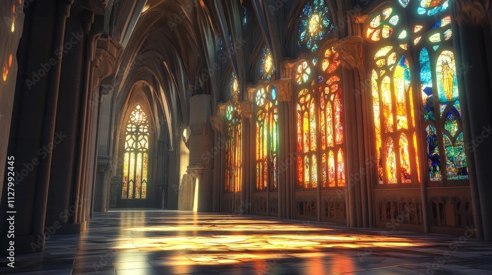 Fototapeta premium Sunlit cathedral, stunning stained glass, Gothic architecture.