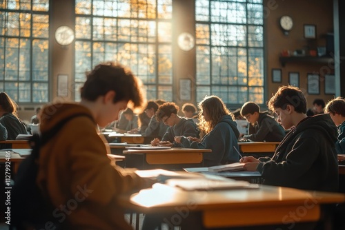 Students Prepare for Final Exam in Vintage Classroom Atmosphere
