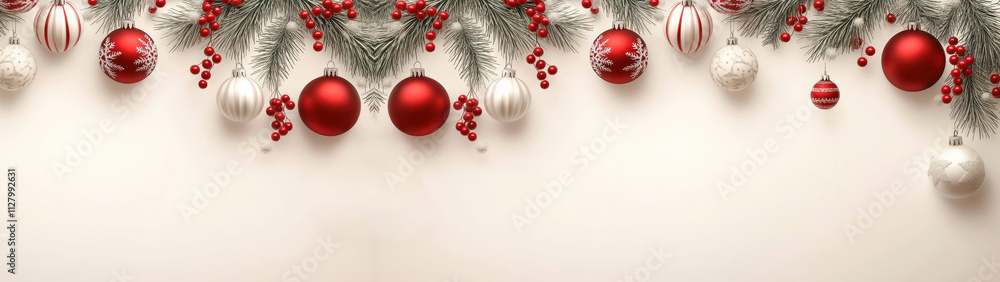 christmas festive holiday decoration with a border of pine branches, red berries, and various Christmas ornaments in red, white, and silver hues. The decorations hang from the top, christmas festive holiday decoration with a border of pine branches, red berries, and various Christmas ornaments in red, white, and silver hues. The decorations hang from the top,