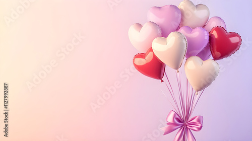 A bouquet of helium-filled heart balloons tied with a satin ribbon against a pastel gradient background ideal for a love-themed banner photo