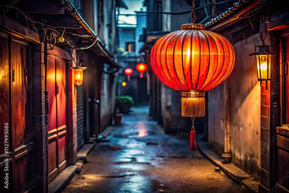 Glowing lanterns illuminate a dark alley, contrasting vibrant city lights in an urban exploration photograph. Glowing lanterns illuminate a dark alley, contrasting vibrant city lights in an urban exploration photograph.
