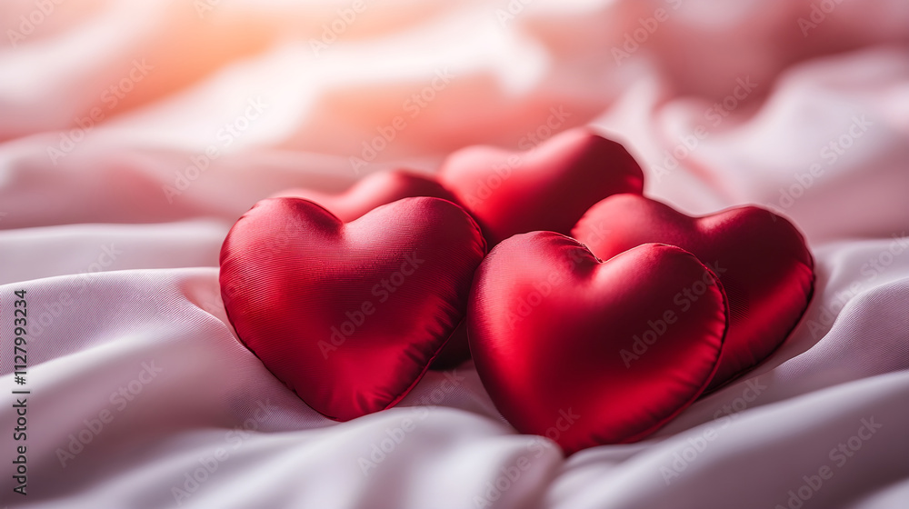 A pile of red satin hearts resting on a gradient background transitioning from pink to white emphasizing a romantic mood A pile of red satin hearts resting on a gradient background transitioning from pink to white emphasizing a romantic mood
