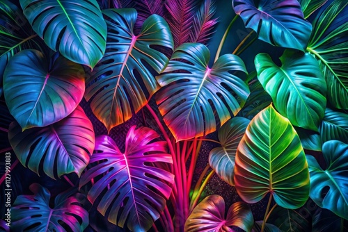 Dark green tropical leaves colorful neon light, backlight, leaves composition, plant background, manstera, palm leaves photo