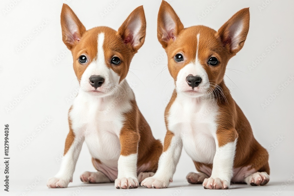 Two adorable red and white basenji puppies sitting together on a white background. Two adorable red and white basenji puppies sitting together on a white background.