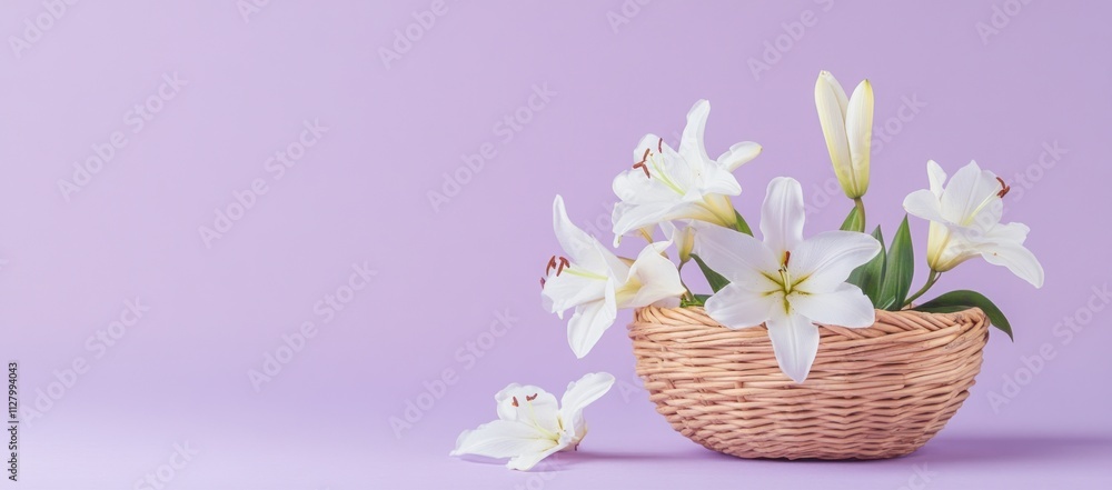 White lilies in a wicker basket on a purple background. White lilies in a wicker basket on a purple background.