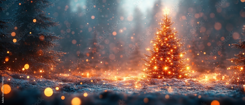 Naklejka premium Christmas Tree Celebration with Festive Lights in a Cozy Winter Atmosphere