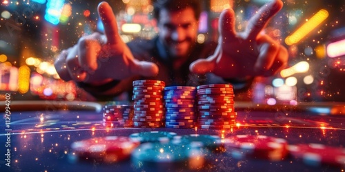Man Wins Big at Casino Table Surrounded by Poker Chips and Cheers