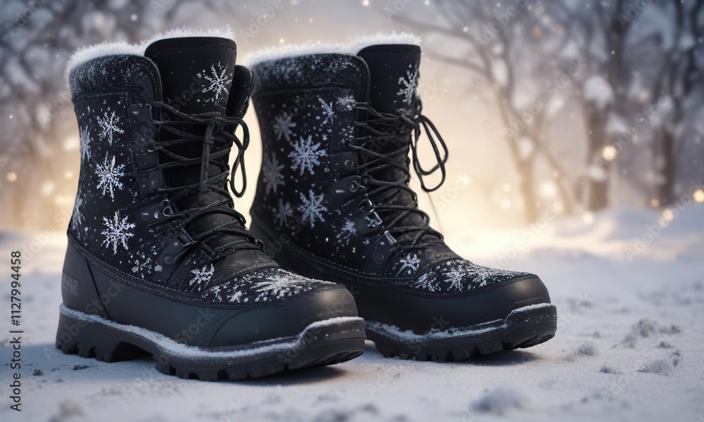 Pair of black lace-up snow boots covered in snowflakes, trendy, isolated, snow, stylish Pair of black lace-up snow boots covered in snowflakes, trendy, isolated, snow, stylish