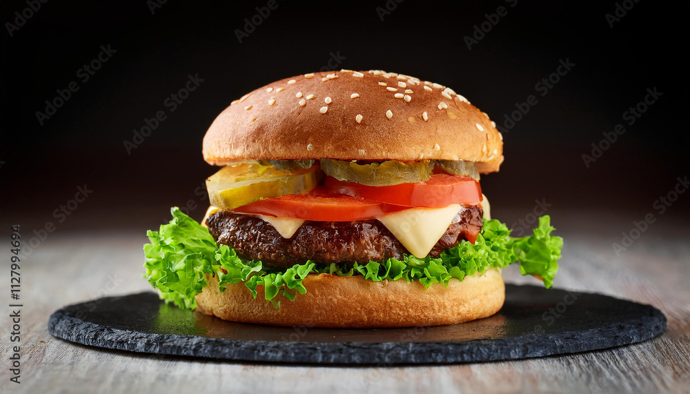 gourmet burger with a juicy patty, fresh lettuce, tomato, and sauce on a sesame seed bun, gourmet burger with a juicy patty, fresh lettuce, tomato, and sauce on a sesame seed bun,