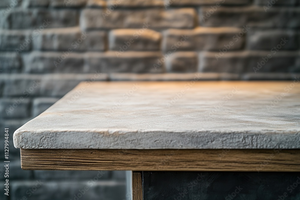 Close-up of a textured tabletop against a stone wall.