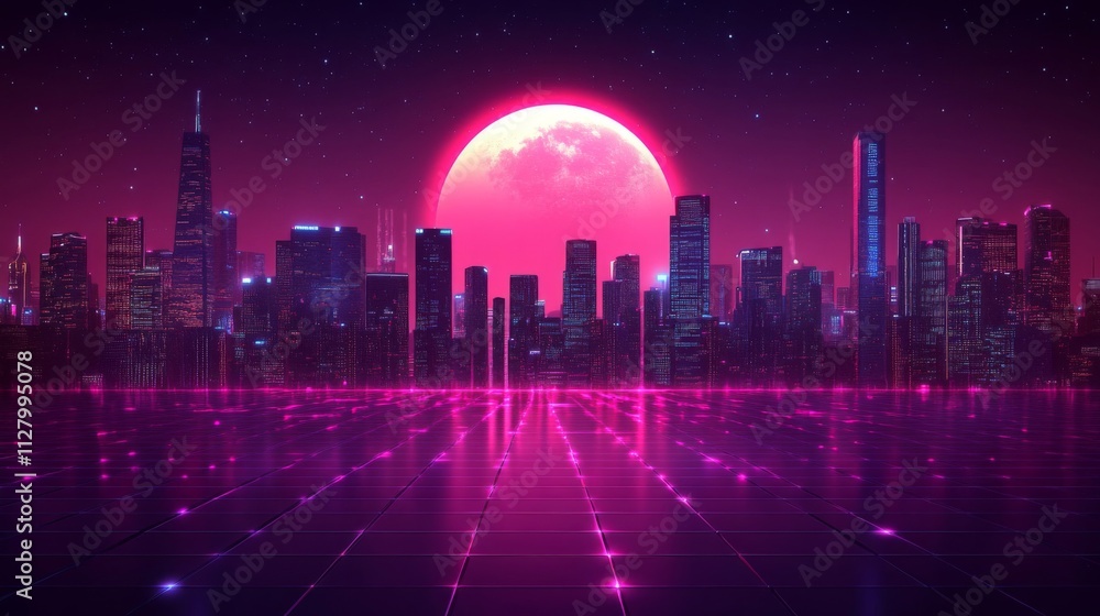 Pink Moon Over Neon City Skyline At Night Pink Moon Over Neon City Skyline At Night