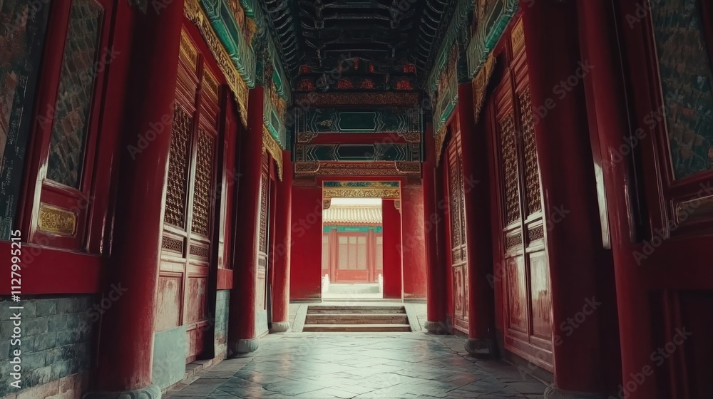 Ornate red corridor, ancient Chinese palace. Ornate red corridor, ancient Chinese palace.