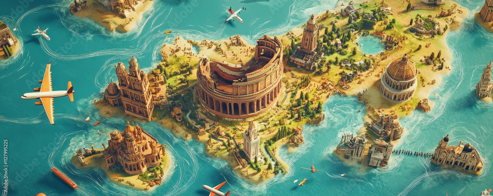 vibrant world map with cartoon like details, featuring iconic landmarks, islands, and transportation like planes and boats, creating playful and imaginative atmosphere vibrant world map with cartoon like details, featuring iconic landmarks, islands, and transportation like planes and boats, creating playful and imaginative atmosphere