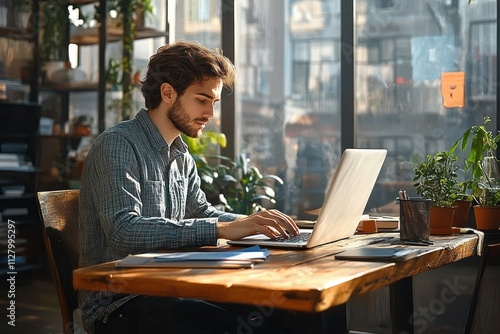 Young Male Businessman Working on Laptop at Rustic Table Surrounded by Plants in Urban Workspace