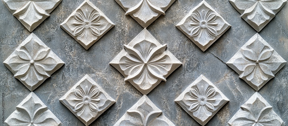 Intricate floral stone carvings arranged in a diamond pattern on a gray background. Intricate floral stone carvings arranged in a diamond pattern on a gray background.