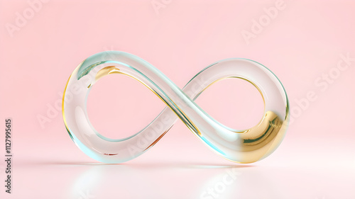 Modern translucent glass infinity icon, with pastel turquoise and yellow hues, floating mid-air on a clean pastel pink background, rendered in ultra-clear 8K photo