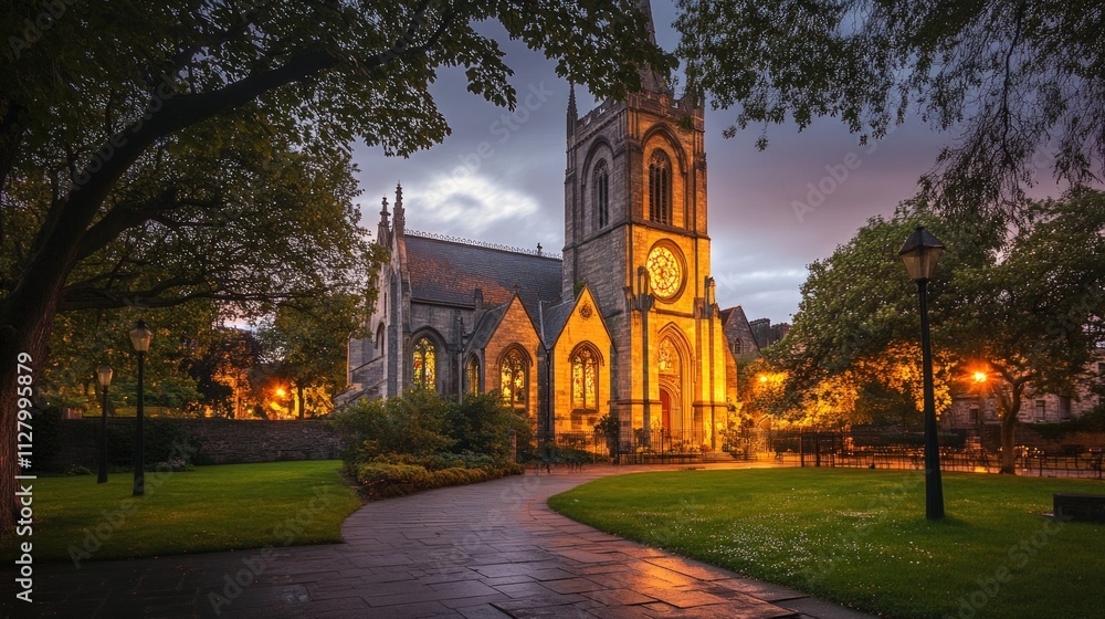 Illuminated church, tranquil evening park, stone path. Illuminated church, tranquil evening park, stone path.