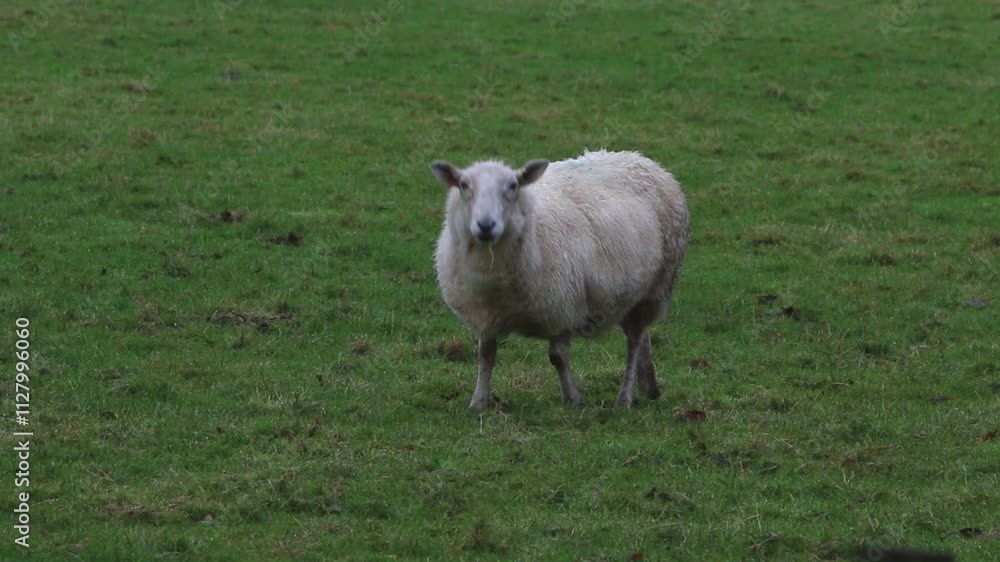 A single Sheep grazing in field. Winter. Powys. Wales. UK A single Sheep grazing in field. Winter. Powys. Wales. UK