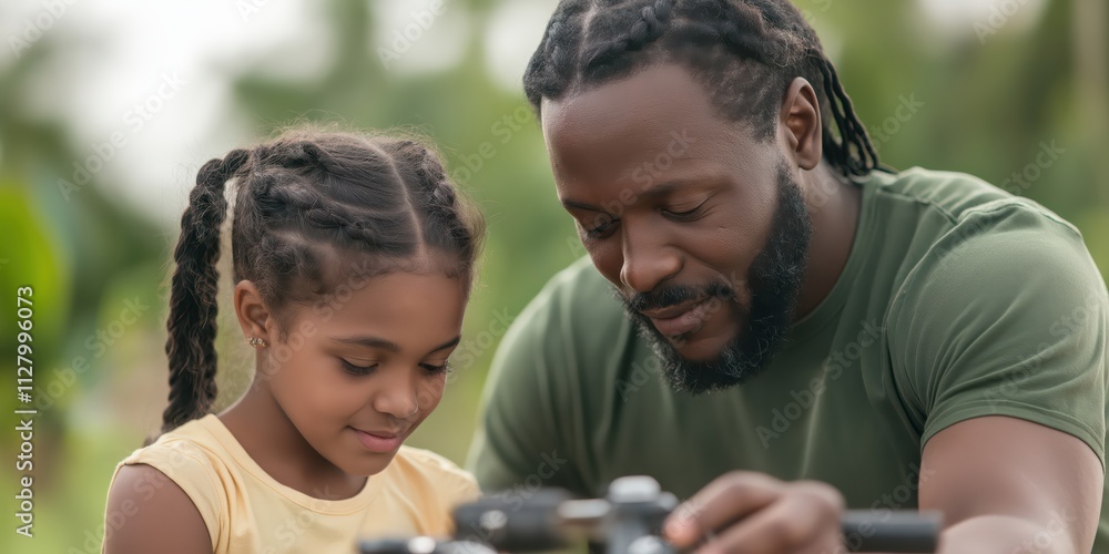 A joyful father and daughter share a moment of engagement while examining an object, capturing the essence of bonding, learning, and discovery in a nurturing environment. A joyful father and daughter share a moment of engagement while examining an object, capturing the essence of bonding, learning, and discovery in a nurturing environment.