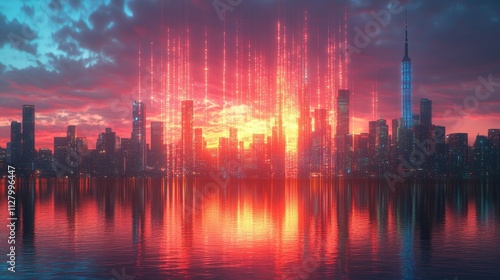Wallpaper Mural Futuristic cityscape at sunset with digital data streams. Torontodigital.ca