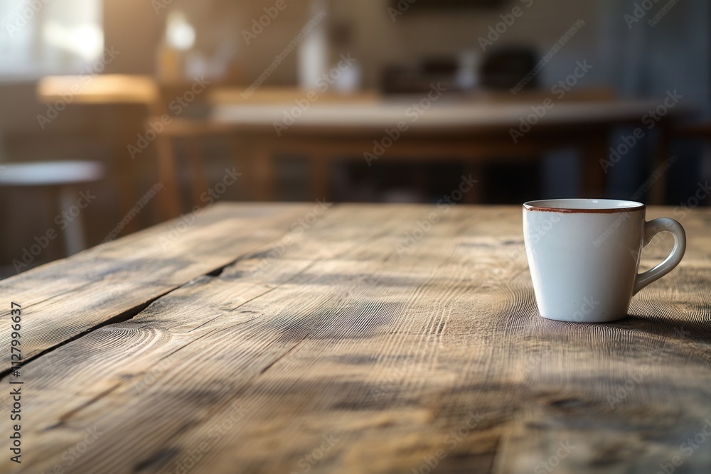 A white coffee cup on a rustic wooden table. A white coffee cup on a rustic wooden table.