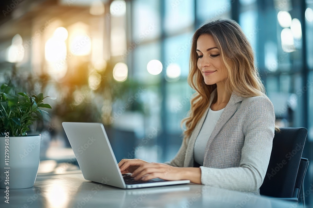 Professional Business Woman Working on Laptop in Minimalist Office Smiling Executing Business Tasks Professional Business Woman Working on Laptop in Minimalist Office Smiling Executing Business Tasks