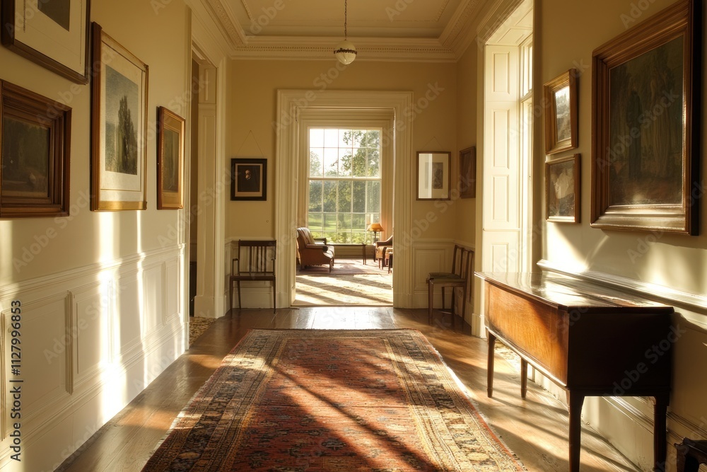 Fototapeta premium Sunlit hallway with antique furniture, artwork, and long carpet.