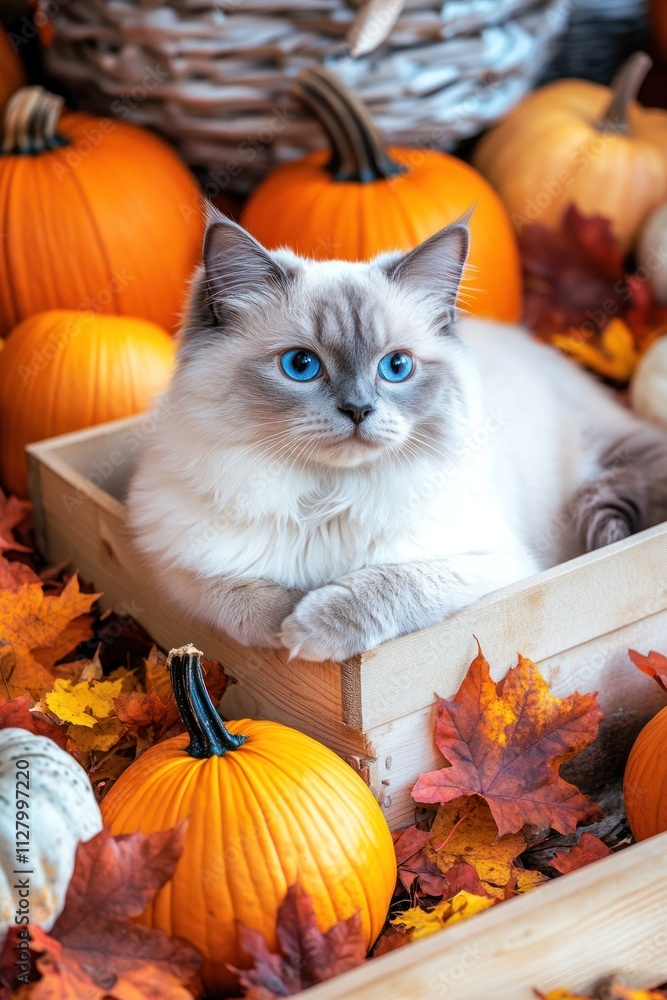 Ragdoll cat in wooden crate with pumpkins and autumn leaves. Ragdoll cat in wooden crate with pumpkins and autumn leaves.