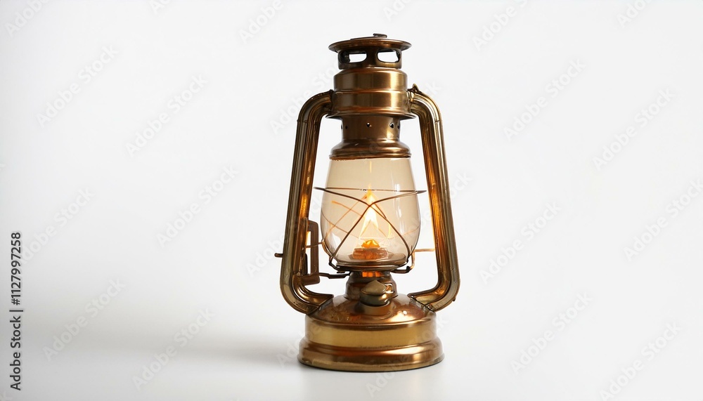Antique brass lantern glows softly on a white background. A nostalgic piece with warm lighting. Antique brass lantern glows softly on a white background. A nostalgic piece with warm lighting.