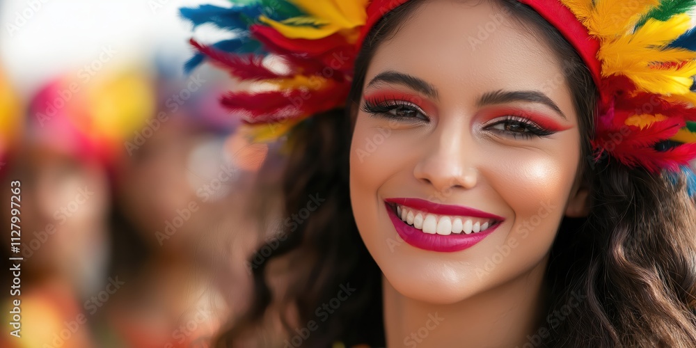 A joyful woman wearing a vibrant feathered headpiece smiles radiantly, embodying the spirit of celebration and cultural expression in a lively festival setting. A joyful woman wearing a vibrant feathered headpiece smiles radiantly, embodying the spirit of celebration and cultural expression in a lively festival setting.