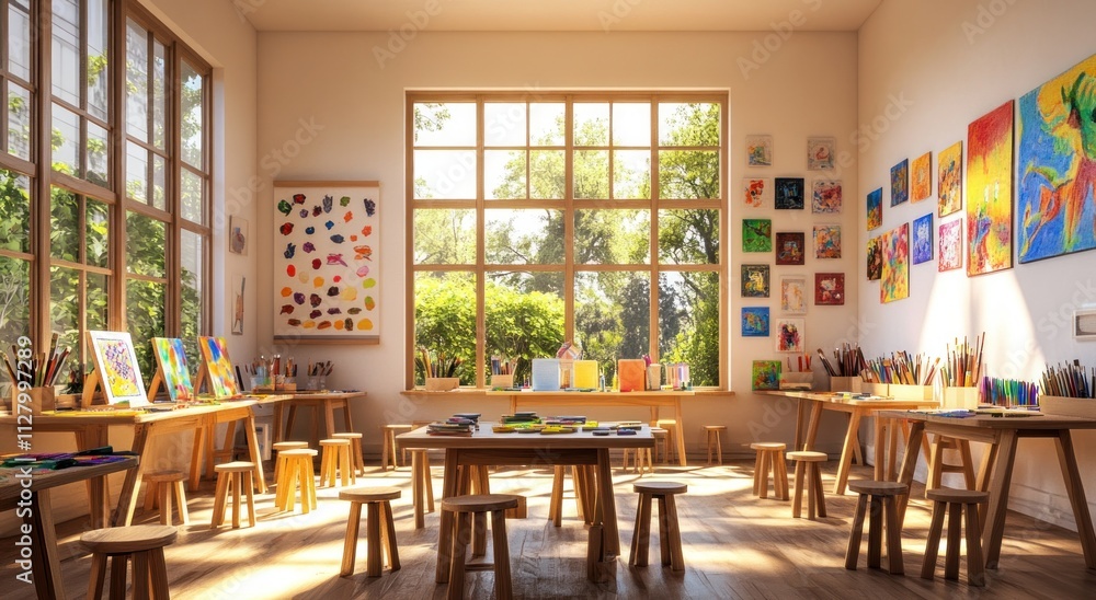 Sunlit art classroom with colorful paintings and student work displayed. Sunlit art classroom with colorful paintings and student work displayed.