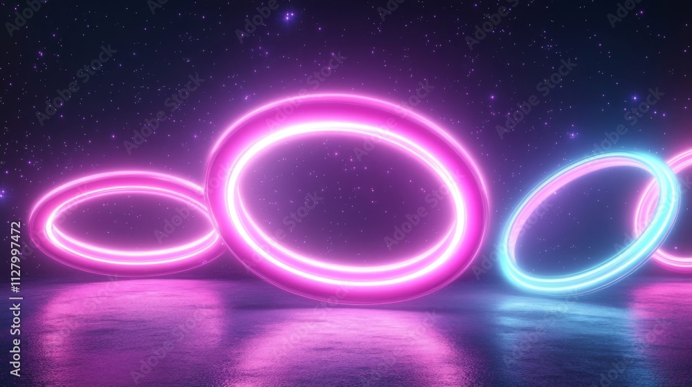 Neon Rings Glow Brightly Against A Starry Night Sky Neon Rings Glow Brightly Against A Starry Night Sky