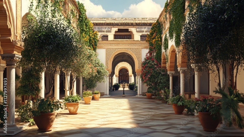 Naklejka premium Sunlit courtyard, plants, columns, arched passage.