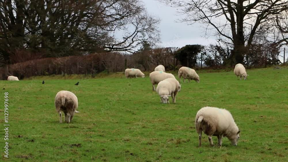 A flock of grazing sheep in field in early Winter with Jackdaws, Coloeus monedula. Winter. Powys. Wales. UK A flock of grazing sheep in field in early Winter with Jackdaws, Coloeus monedula. Winter. Powys. Wales. UK