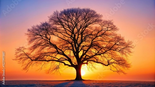 Leafless winter tree silhouette against a stark white backdrop; minimalist photography.