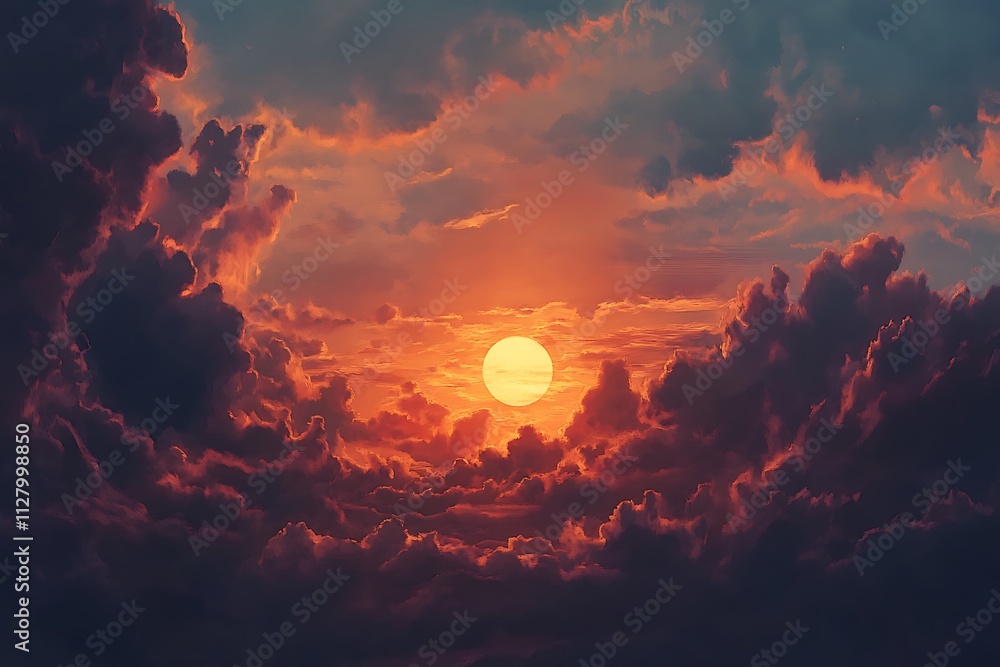 Fototapeta premium A vibrant sunset scene with dramatic clouds and a glowing sun at the horizon.