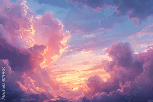 Fototapeta Naklejka Na Ścianę i Meble -  A vibrant sunset sky filled with colorful clouds and soft light.