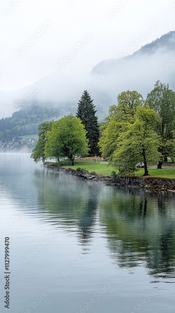 Fototapeta premium A serene lake with lush green trees along the shore