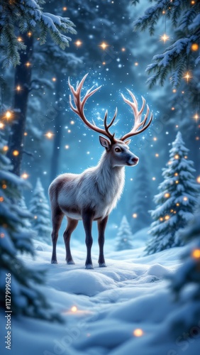 A deer stands in the snow with its antlers glowing in the light