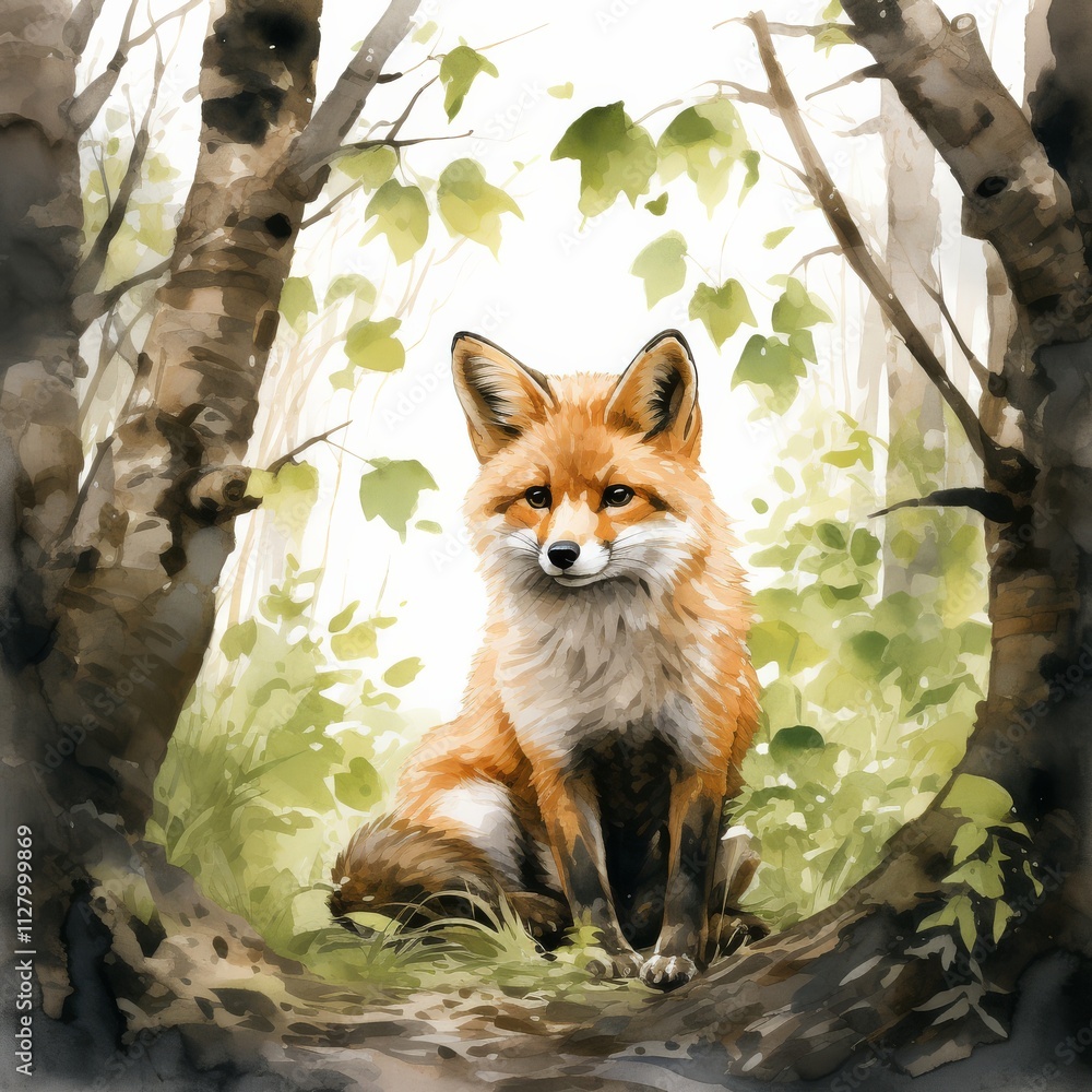 Fototapeta premium A serene fox sits amidst lush greenery, framed by trees, embodying the beauty of nature in a peaceful woodland setting.