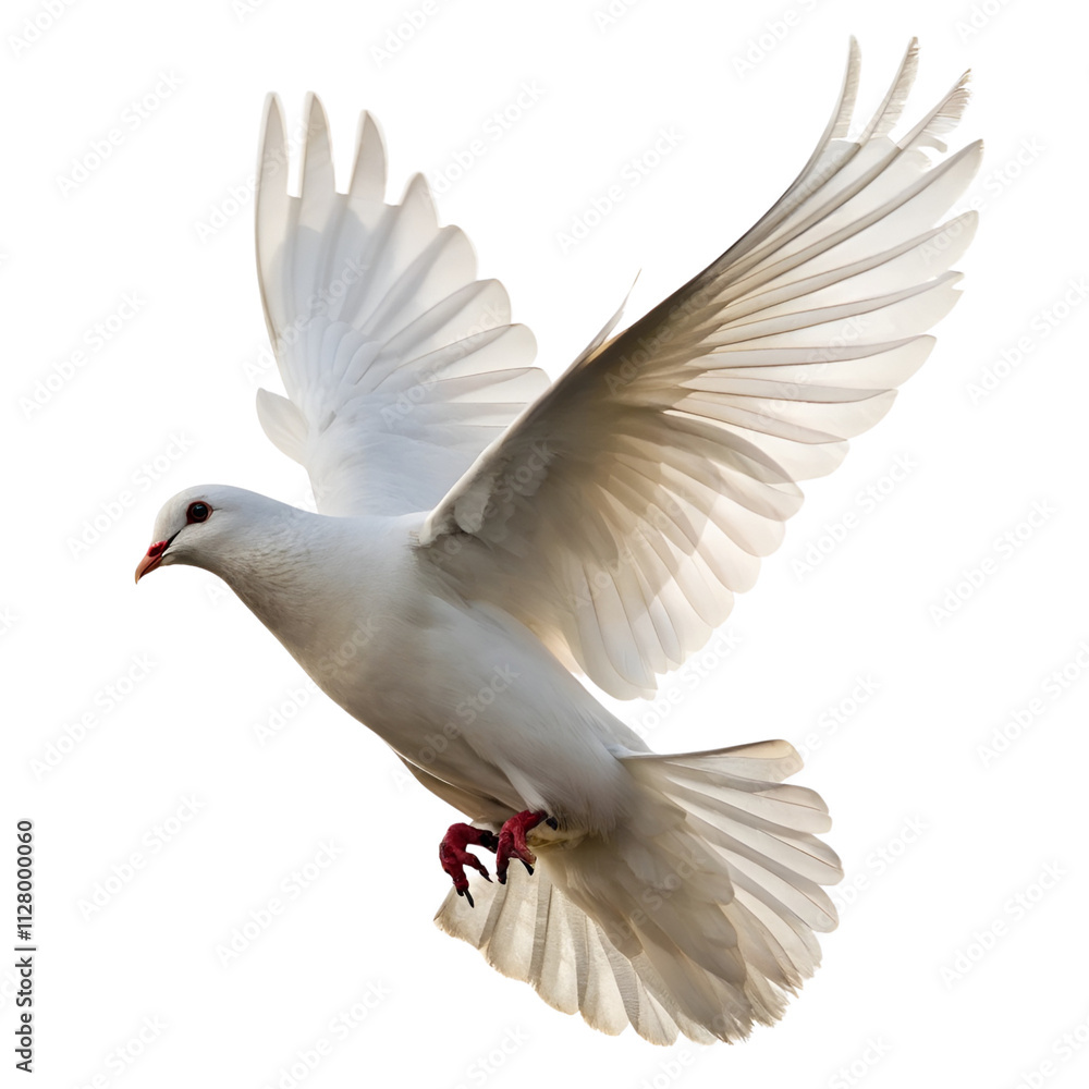 Fototapeta premium A free-flying white dove isolated on a transparent background