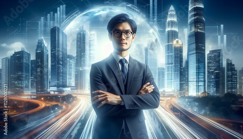 Modern Businessman Against Urban Skyline
