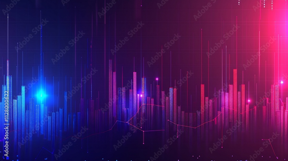 Abstract Data Visualization: Neon Cityscape of Glowing Bars and Lines Abstract Data Visualization: Neon Cityscape of Glowing Bars and Lines