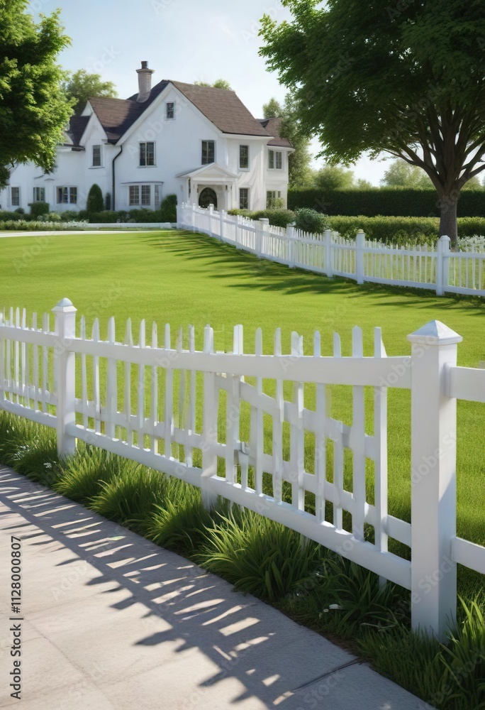 Pristine white fence enclosing a well-maintained lawn, yard, grassland, domestic, boundary, entryway Pristine white fence enclosing a well-maintained lawn, yard, grassland, domestic, boundary, entryway