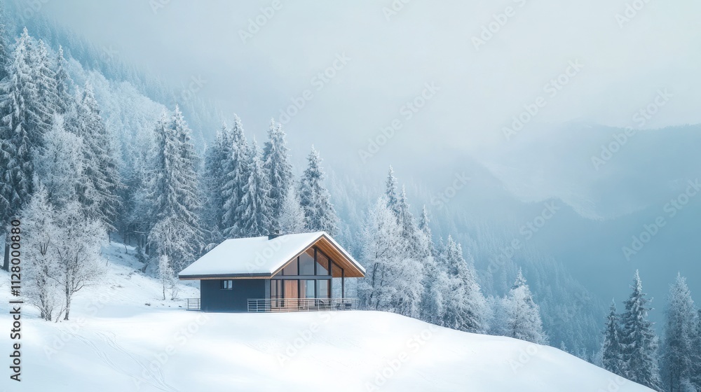 Modern minimalist cabin in snowy mountains, panoramic windows, frost-covered trees Modern minimalist cabin in snowy mountains, panoramic windows, frost-covered trees