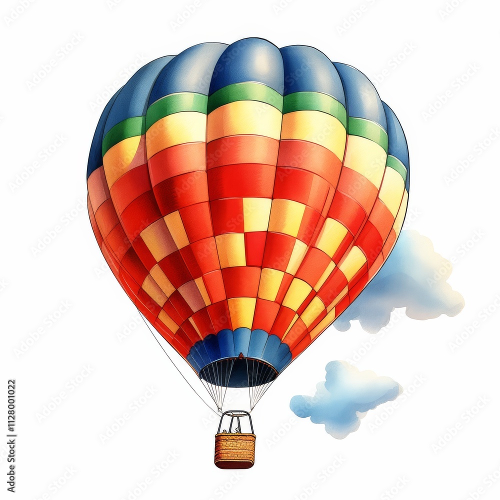 Fototapeta premium A colorful hot air balloon floats gracefully in a clear sky, surrounded by soft clouds, embodying adventure and the joy of flight.