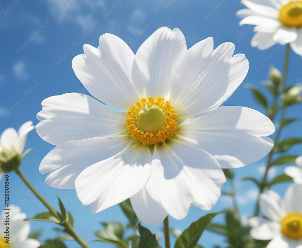 White flower with yellow centers set against clear blue sky, outdoor photography, serene, backdrop White flower with yellow centers set against clear blue sky, outdoor photography, serene, backdrop