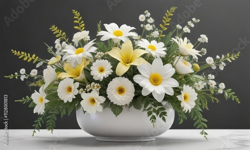 White flower arrangement with yellow accents creating a stunning visual contrast, eye-catching, focal point photo