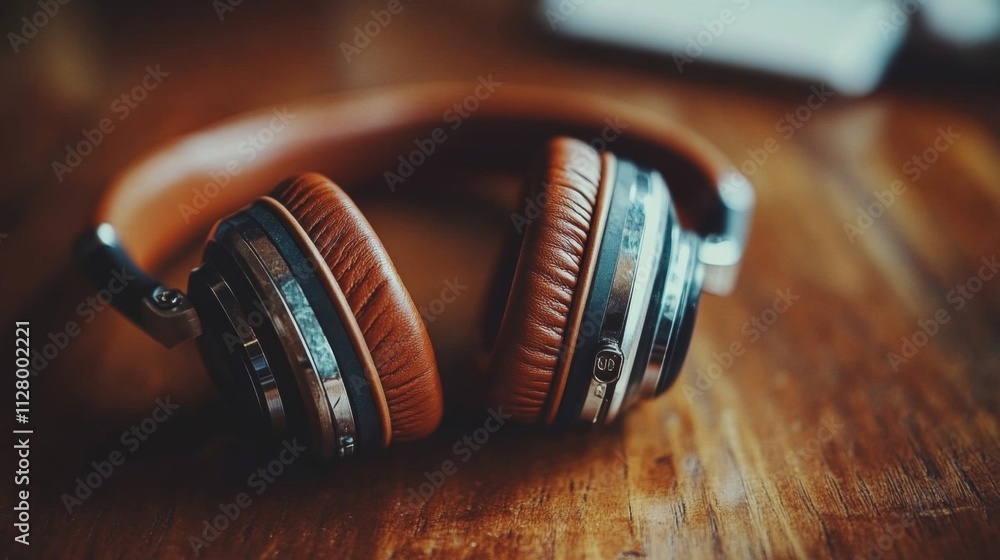 Brown Leather Headphones Resting On Wooden Surface Brown Leather Headphones Resting On Wooden Surface