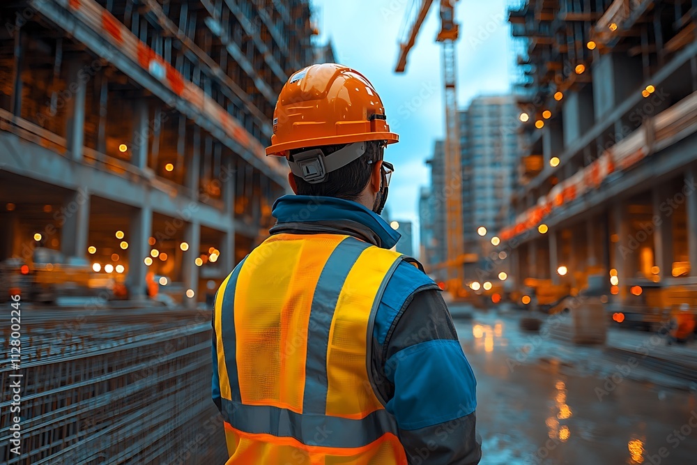 Worker in a helmet and vest at a construction site against the background of building cranes
Worker in a helmet and vest at a construction site against the background of building cranes